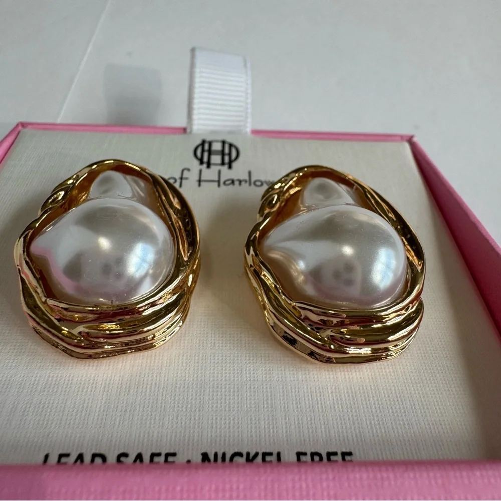 House of Harlow 1960 Faux Baroque Pearl Gold Tone Statement Stud Earrings NIB